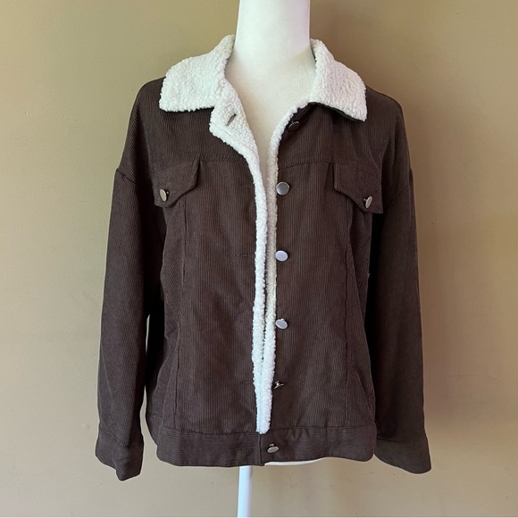 SHEIN Medium Teddy Lined Drop Shoulder Corduroy Jacket Coffee Brown Sherpa - Picture 6 of 8